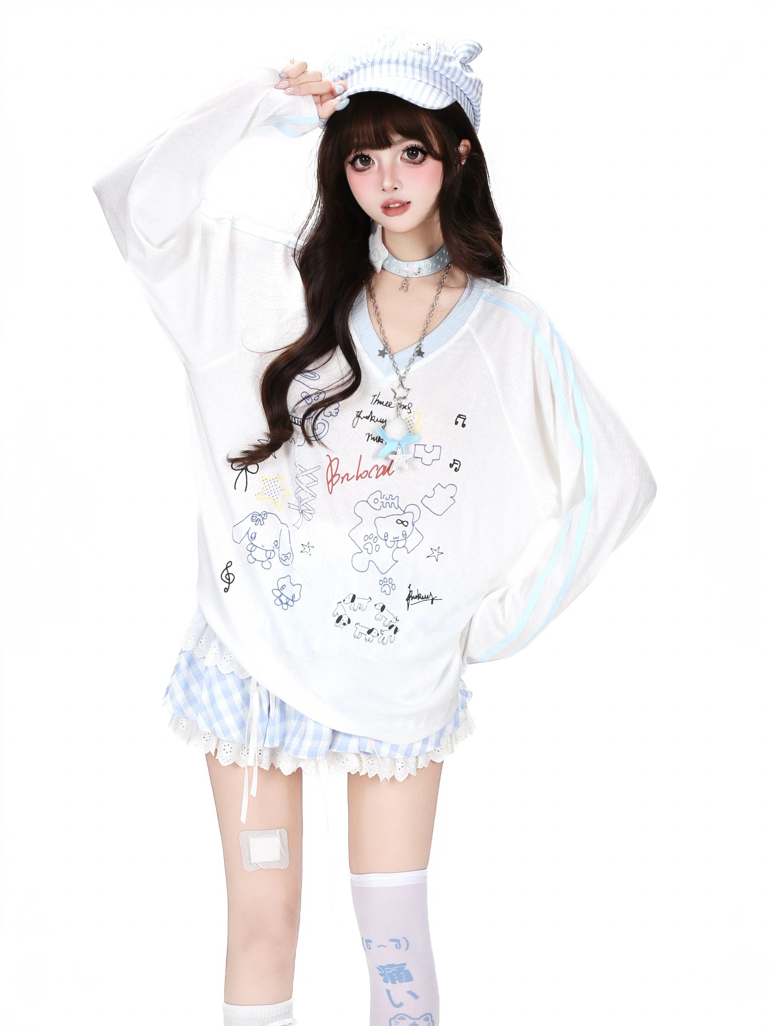 CRAZYGIRL_Korean_Cute_Patchwork_V-neck_Raglan_Loose_Women's_Long_Sleeve_T-shirts_1071993852298_MISSTT