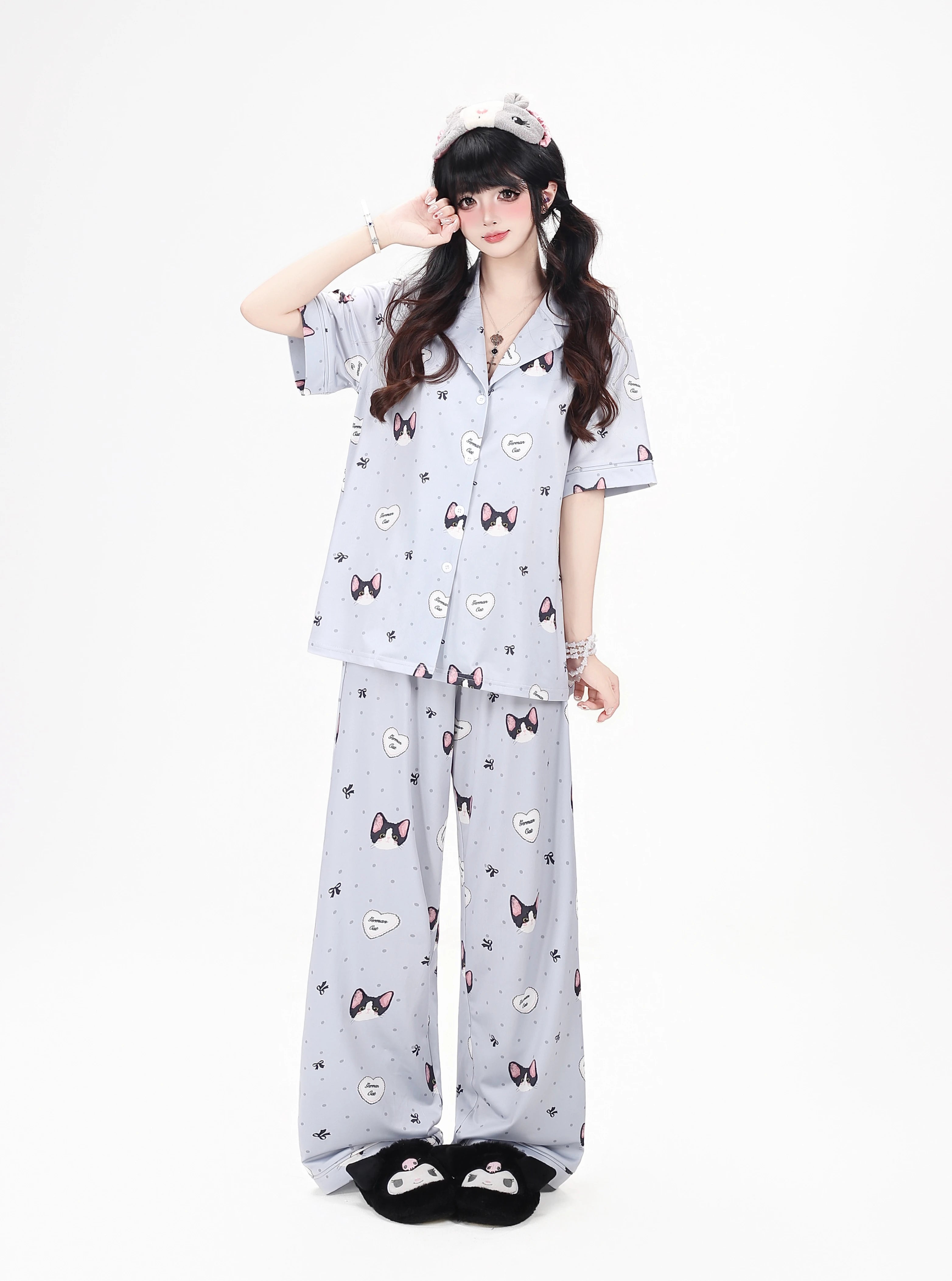 CRAZYGIRL_Cat_Print_Lapel_Short_Sleeve_Women's_Skin_Friendly_Fabric_Top_&_Shorts_Sets_1063192980006_MISSTT