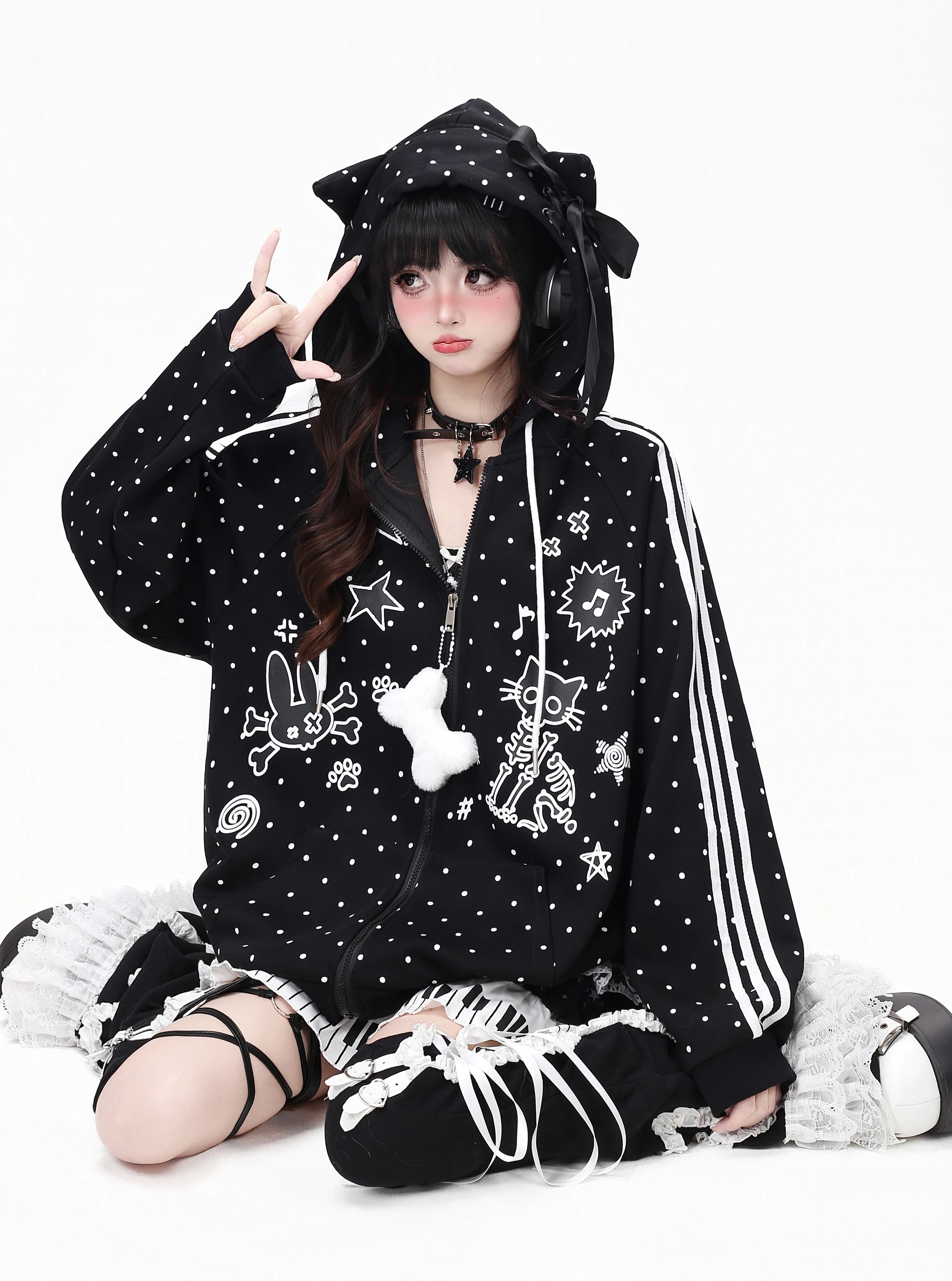 CRAZYGIRL_Skull_Kitty_Polka_Dot_Cat_Ear_Drawstring_Zipper_Loose_Women's_Hoodies_1073029813335_MISSTT
