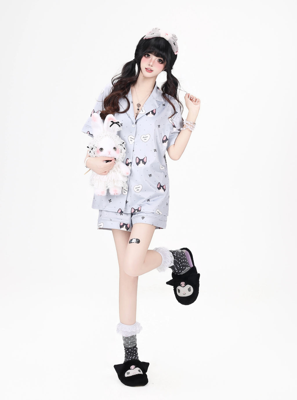 CRAZYGIRL_Cat_Print_Lapel_Short_Sleeve_Women's_Skin_Friendly_Fabric_Top_&_Shorts_Sets_1063192980006_MISSTT