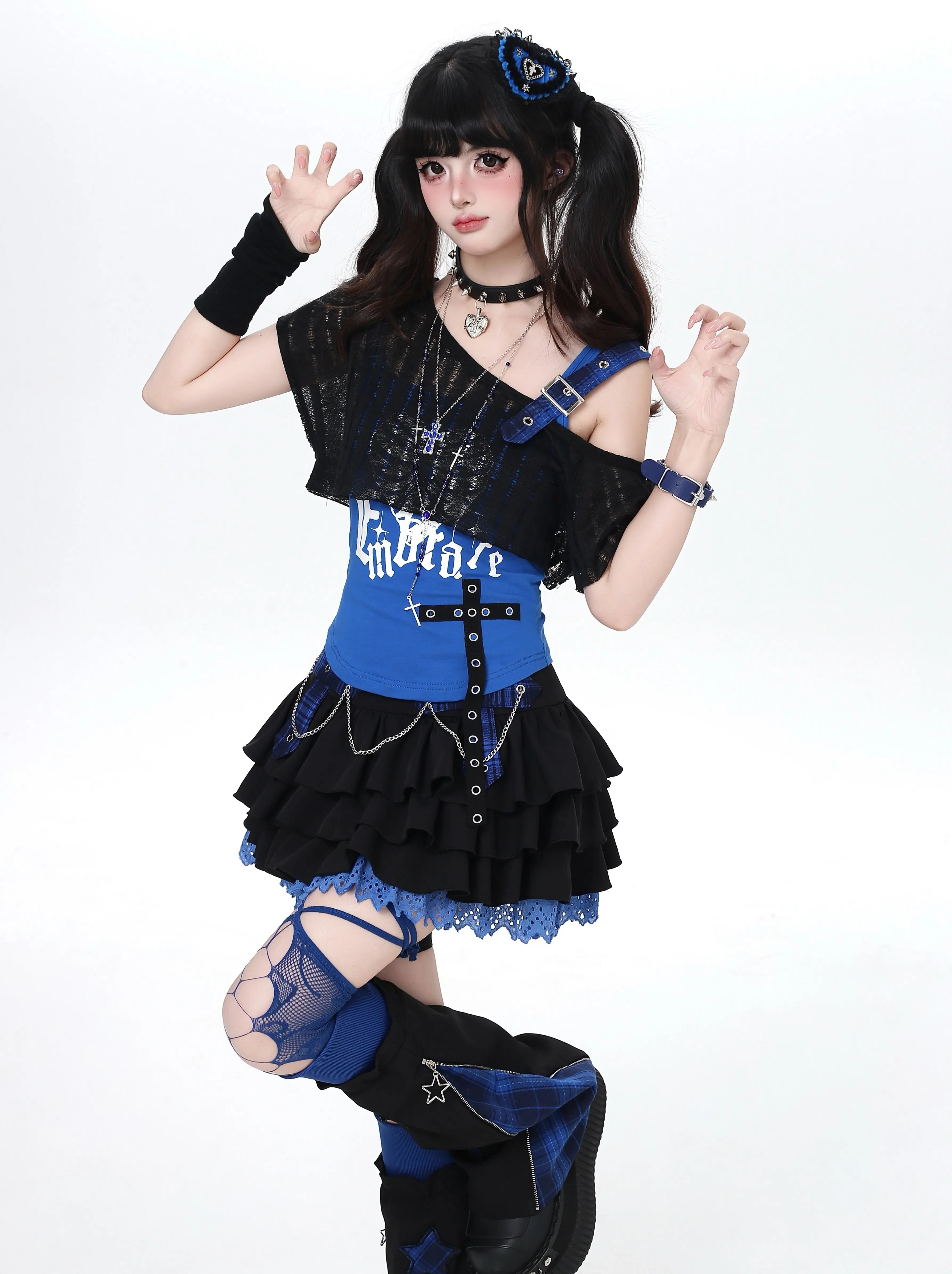 CRAZYGIRL_Klein_Blue_Plaid_Patchwork_Bow_Letter_Square_Neck_Women's_Other_Fabric_Tank_Tops_1040286910965_MISSTT