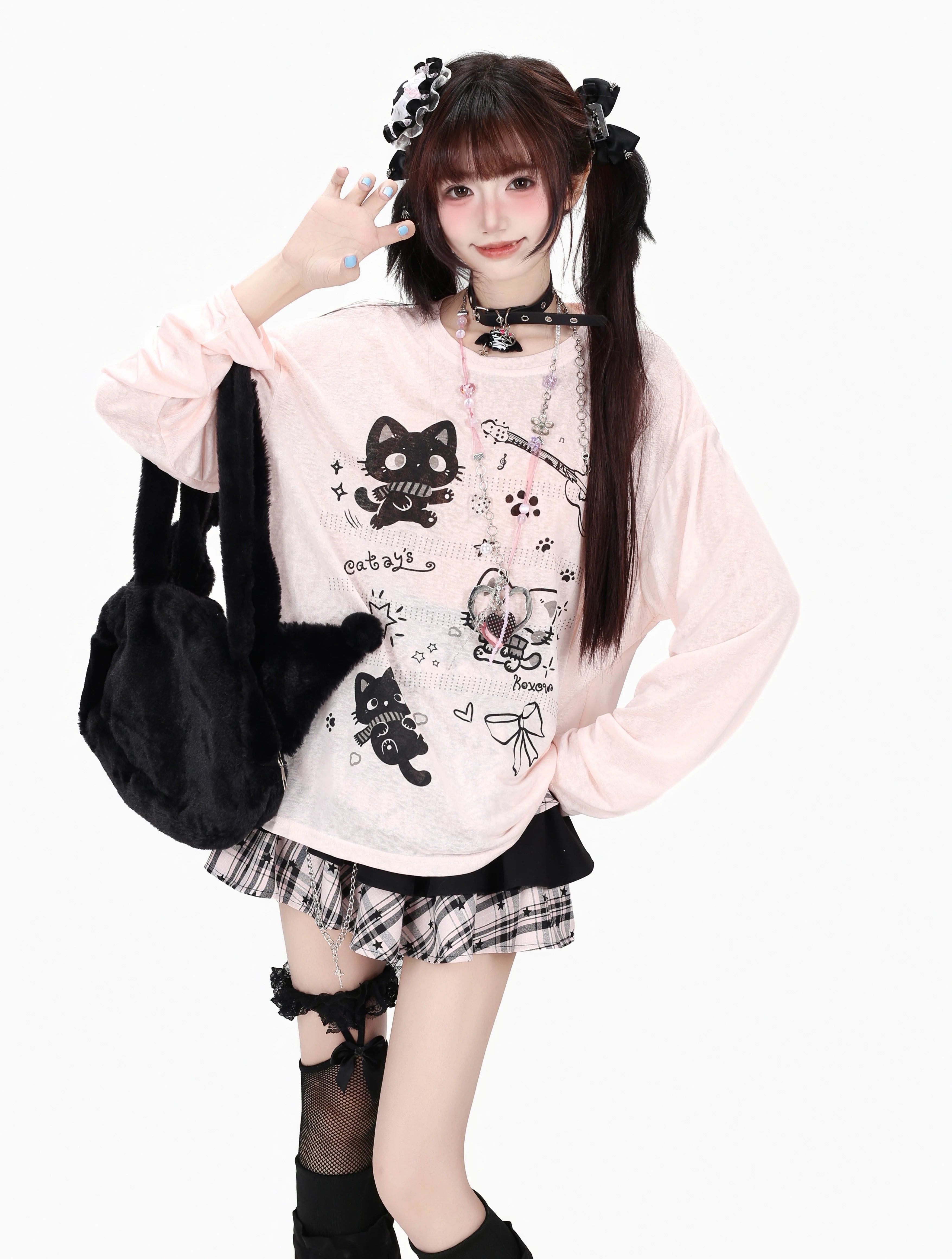 CRAZYGIRL_Cute_Guitar_Kitten_Printed_Round_Neck_Loose_Women's_Sheer_Long_Sleeve_T-shirts_1064706188110_MISSTT