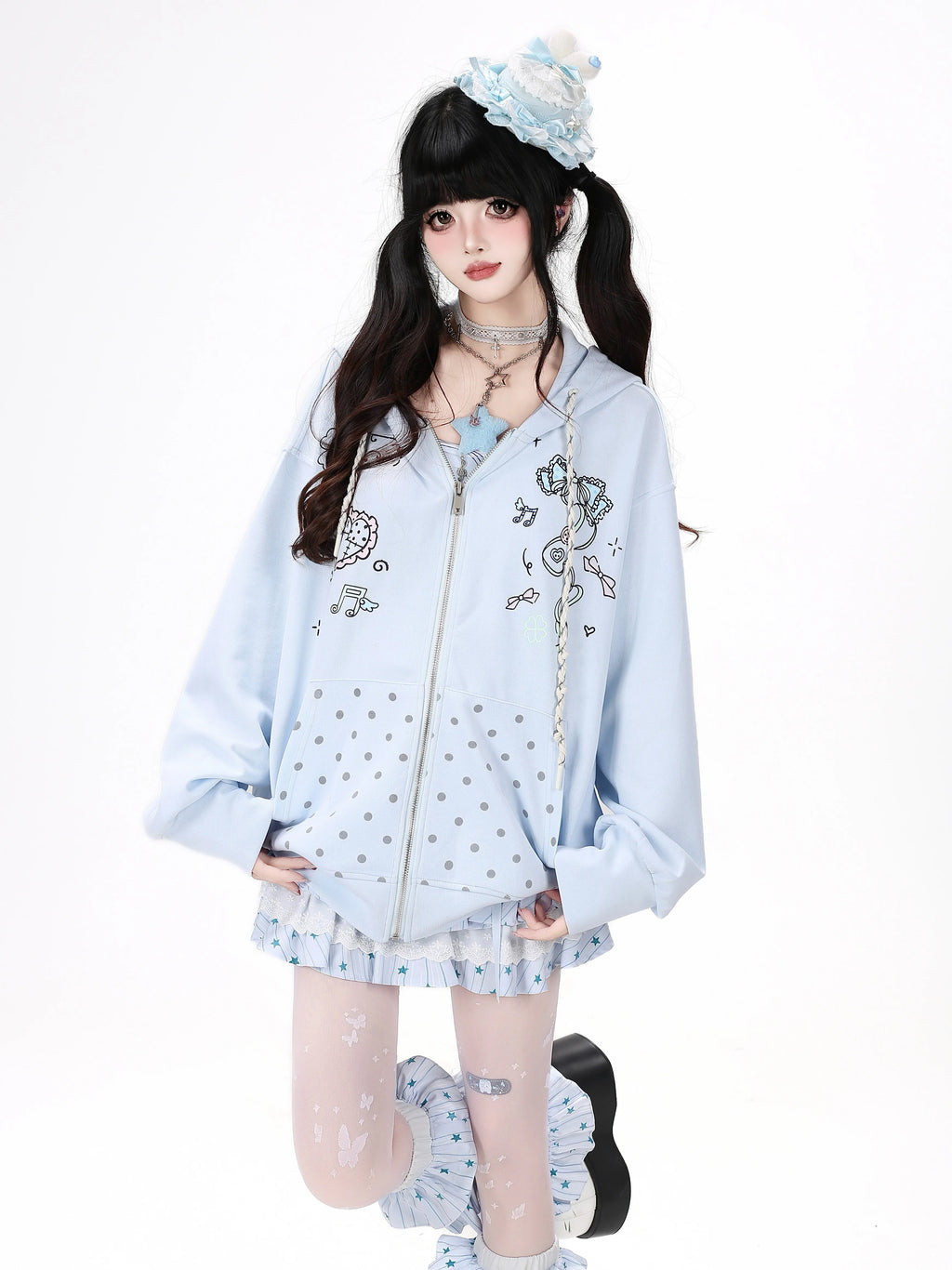 CRAZYGIRL_Hand_Painted_Heart_Bow_Polka_Dot_Pocket_Graffiti_Zipper_Loose_Women's_Hoodies_1063200352008_MISSTT