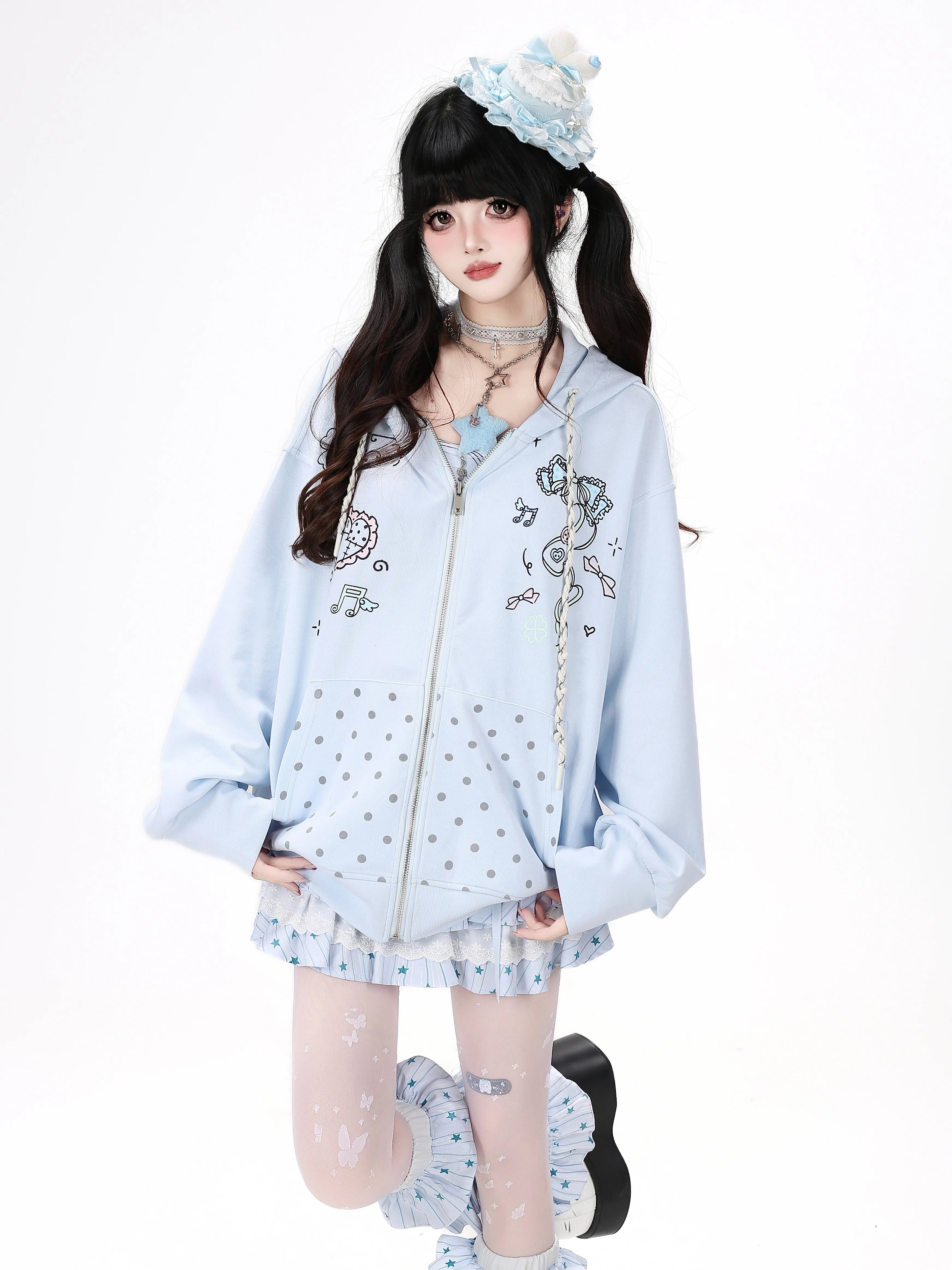 CRAZYGIRL_Hand_Painted_Heart_Bow_Polka_Dot_Pocket_Graffiti_Zipper_Loose_Women's_Hoodies_1063200352008_MISSTT