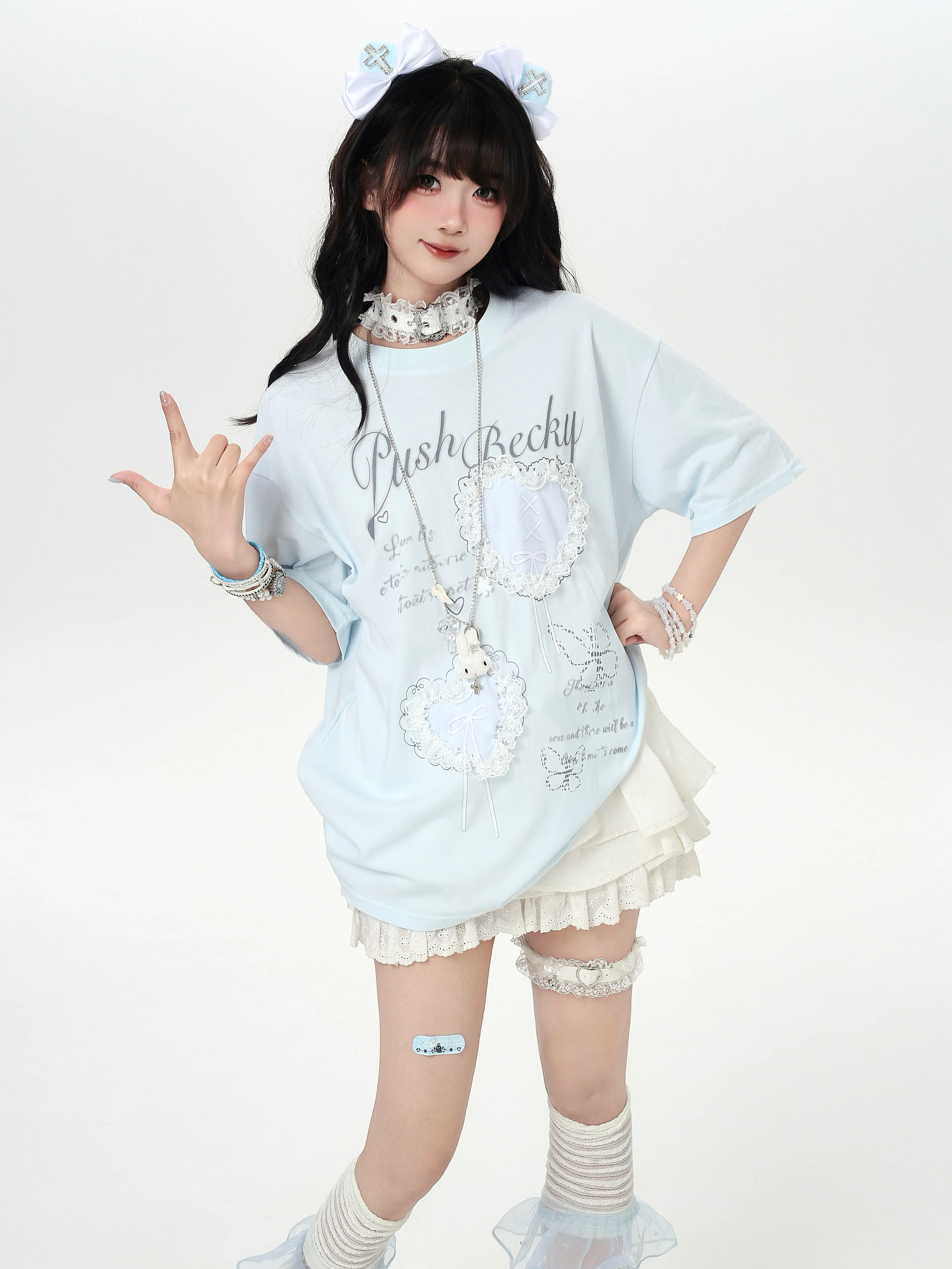 CRAZYGIRL_Ballet_3d_Bow_Heart_Lace_Round_Neck_Loose_Women's_Short_Sleeve_T-shirts_1035266866498_MISSTT