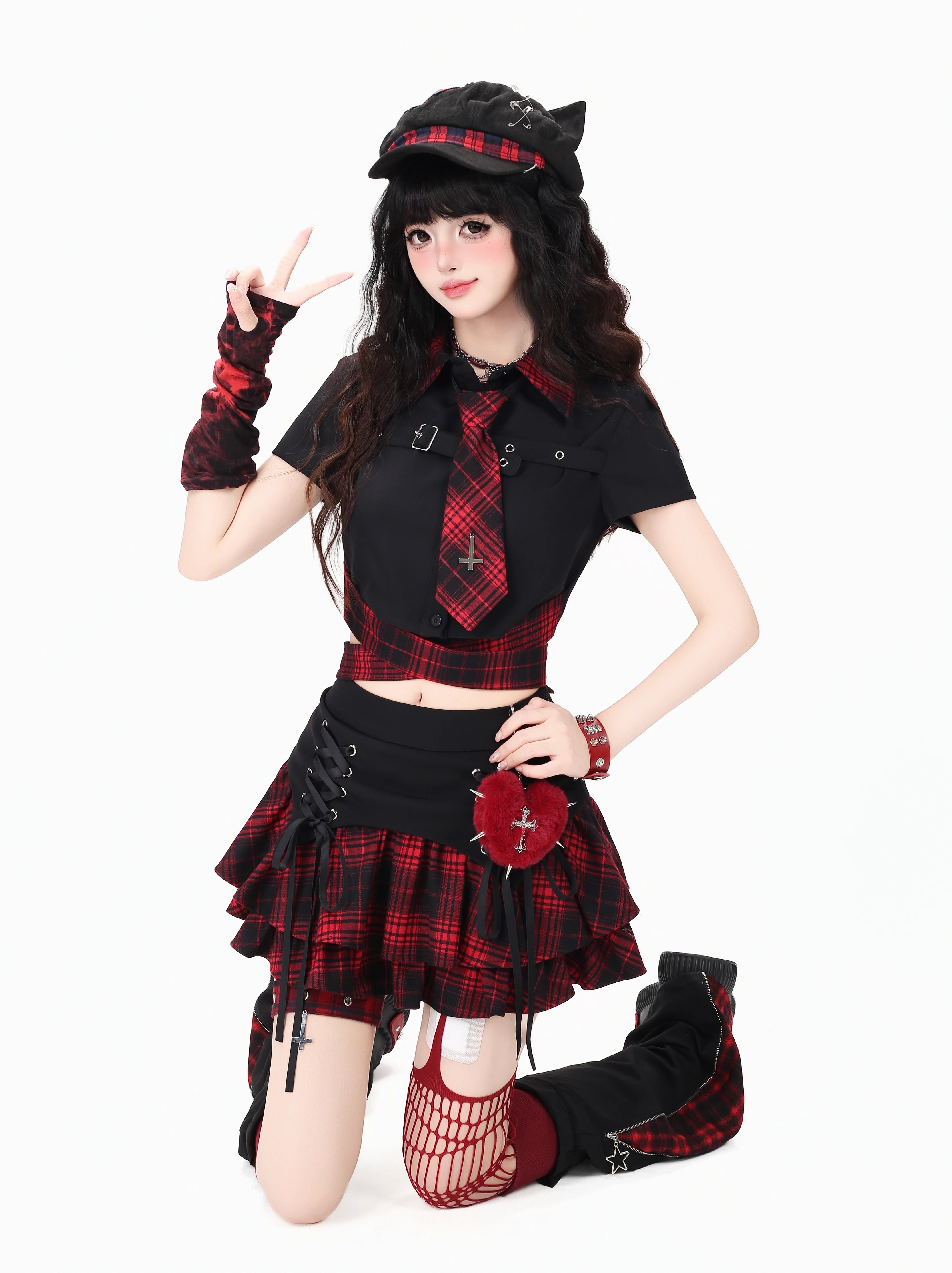 CRAZYGIRL_Plaid_Tie_Waist_Backless_Gothic_Women's_Short_Sleeve_Slim_Fit_Shoulder_Crop_Tops_1053871599091_MISSTT
