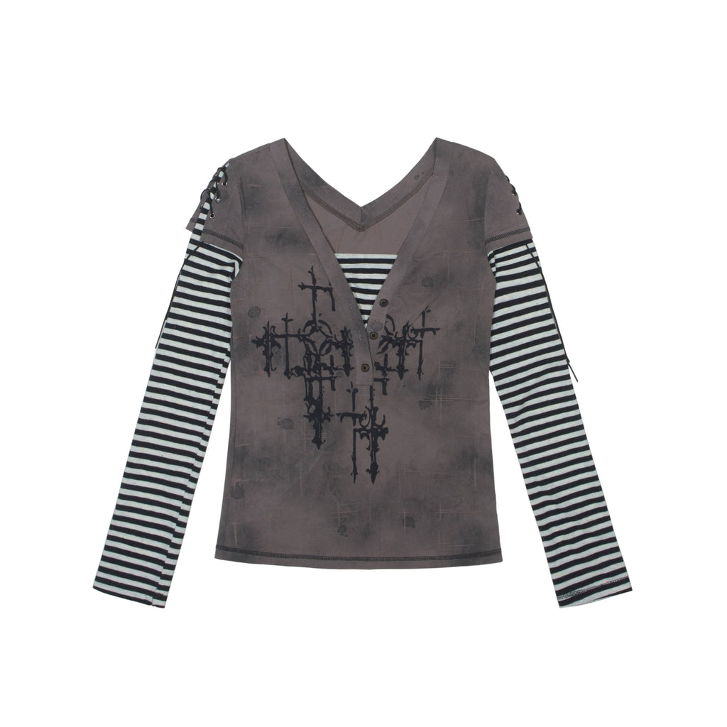 ARIADNAw_Totem_Cross_Print_Faux_Layered_V-neck_Women's_Long_Sleeve_T-shirts_892705101996_MISSTT
