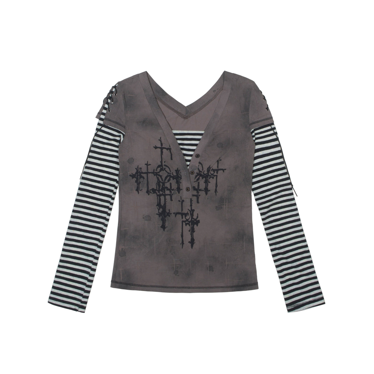 ARIADNAw_Totem_Cross_Print_Faux_Layered_V-neck_Women's_Long_Sleeve_T-shirts_892705101996_MISSTT