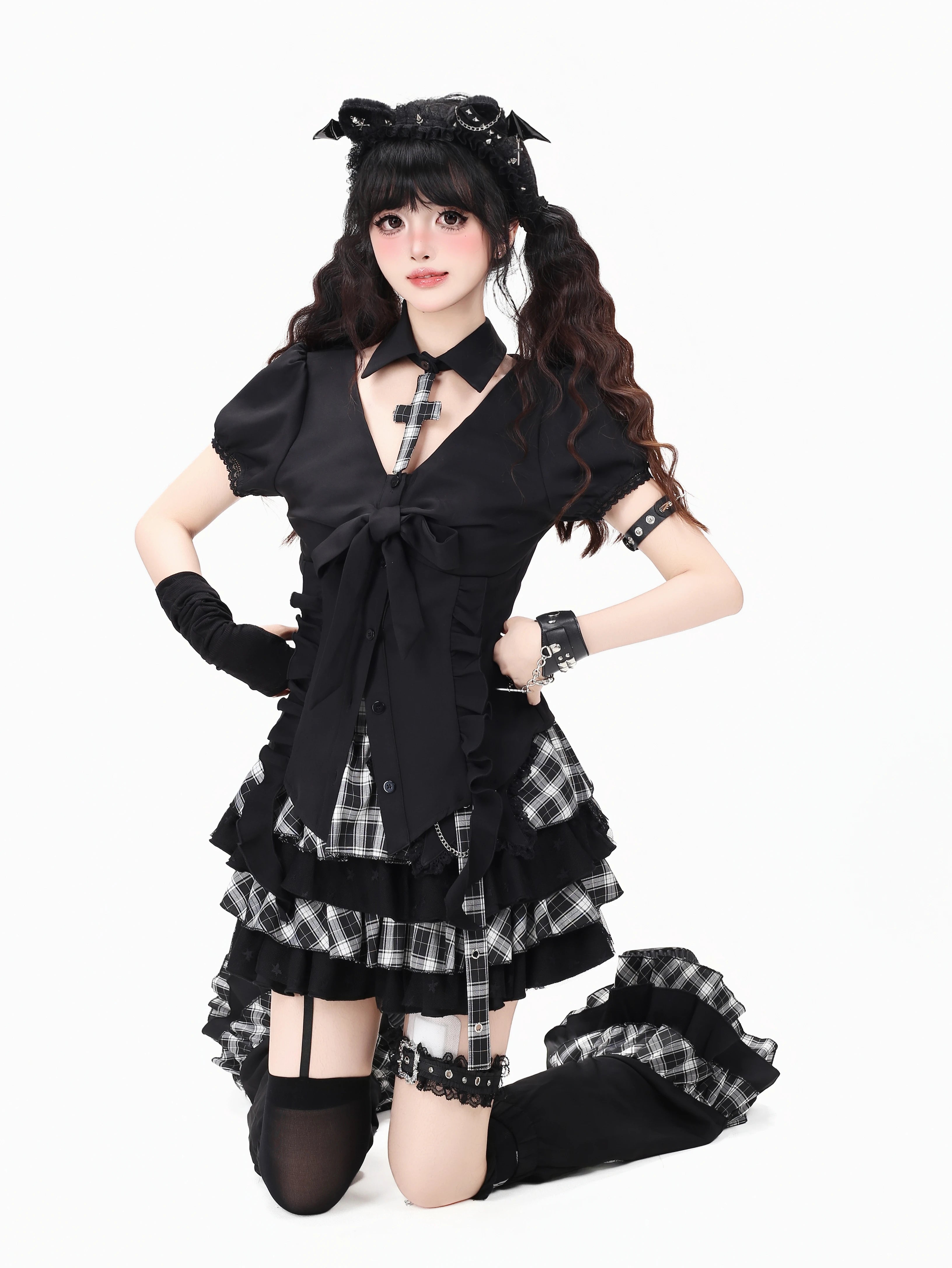 CRAZYGIRL_Black_White_Check_Puff_Sleeve_Lapel_Collar_Slim_Waist_Women's_Shirts_1053852595400_MISSTT