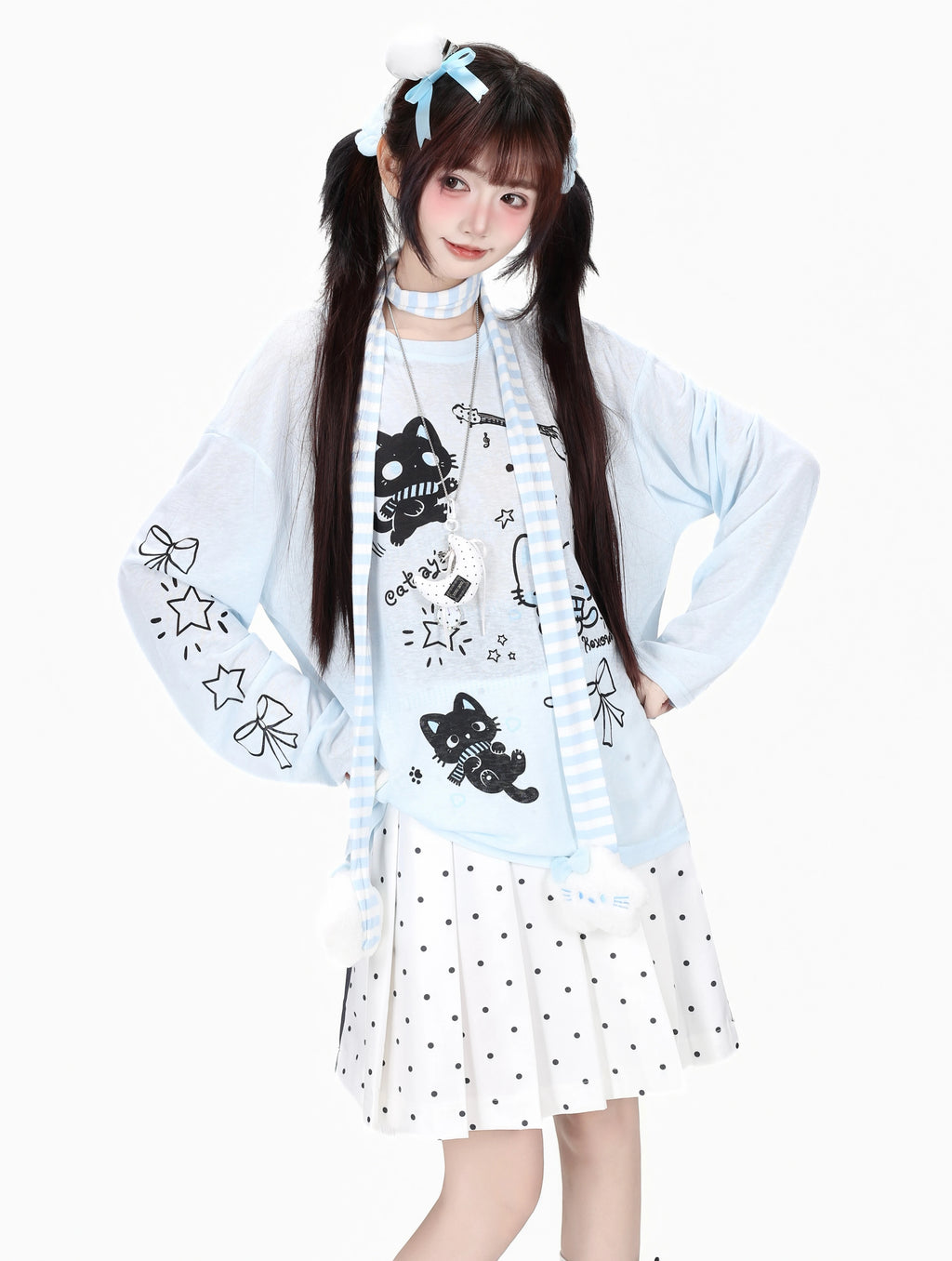 CRAZYGIRL_Cute_Guitar_Kitten_Printed_Round_Neck_Loose_Women's_Sheer_Long_Sleeve_T-shirts_1064706188110_MISSTT