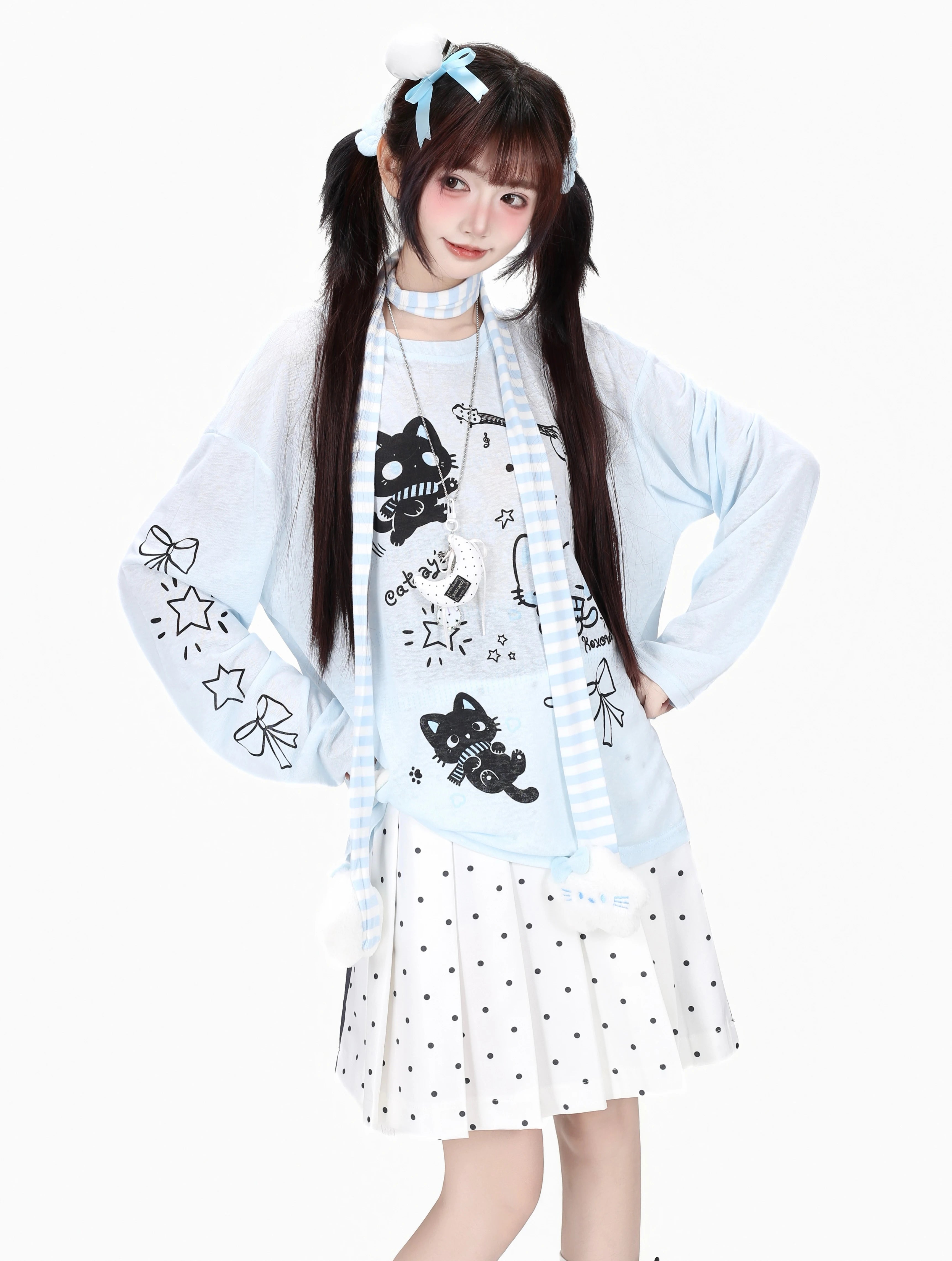 CRAZYGIRL_Cute_Guitar_Kitten_Printed_Round_Neck_Loose_Women's_Sheer_Long_Sleeve_T-shirts_1064706188110_MISSTT
