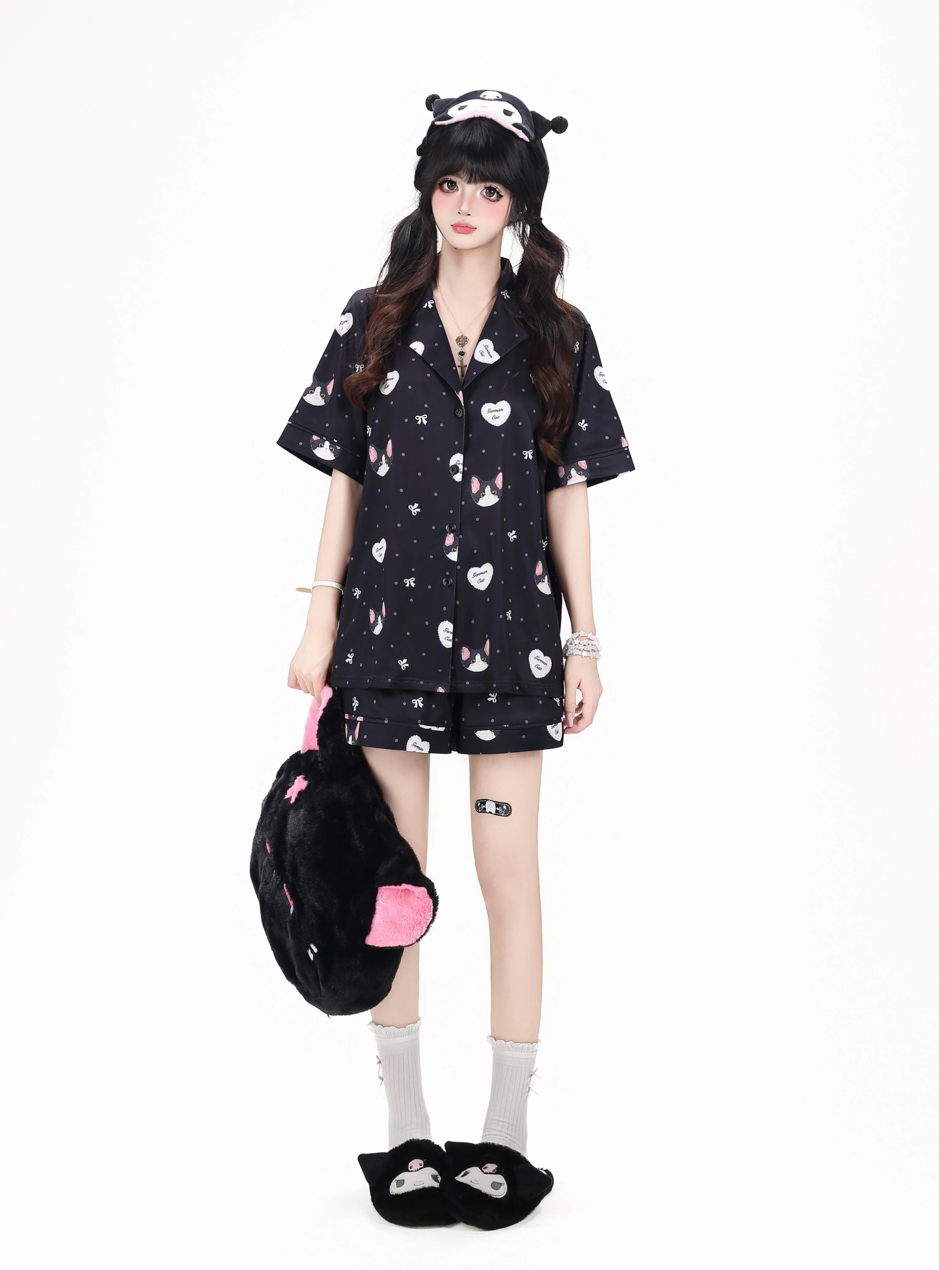 CRAZYGIRL_Cat_Print_Lapel_Short_Sleeve_Women's_Skin_Friendly_Fabric_Top_&_Shorts_Sets_1063192980006_MISSTT
