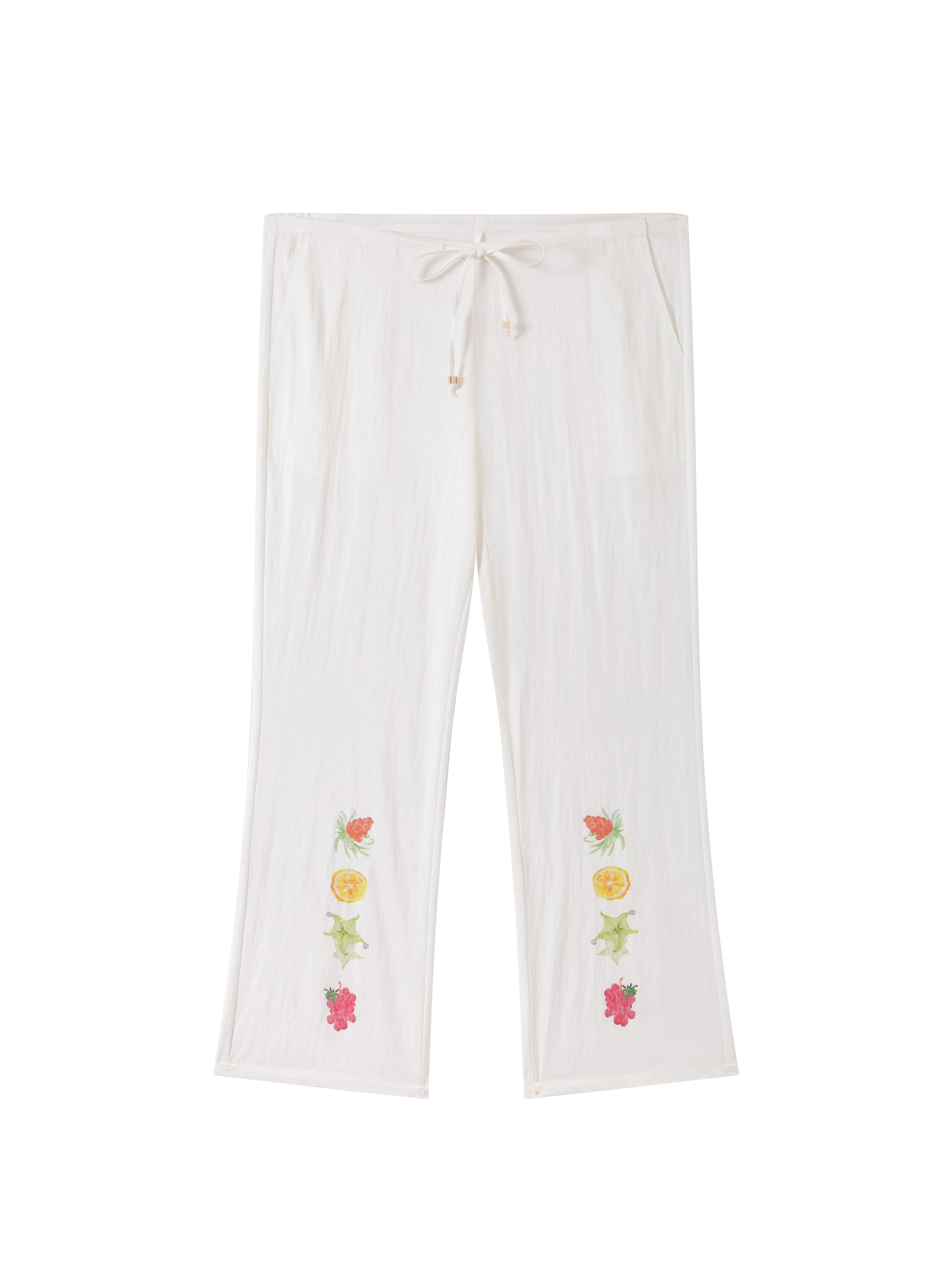 THELIGHT OFFICIAL White Fruit Print Pocket Elastic Waist Straight Loose Women's Polyester Chinos 932556860827