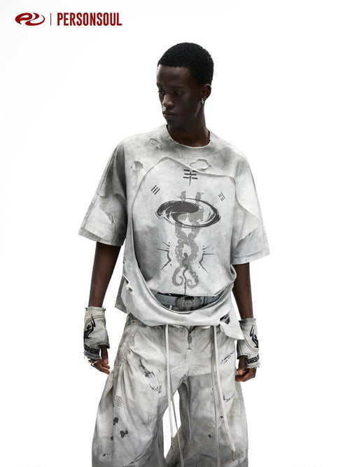 PERSONSOUL Abstract Irregular Distressed Layered Women's Cotton Blend Short Sleeve T-shirts