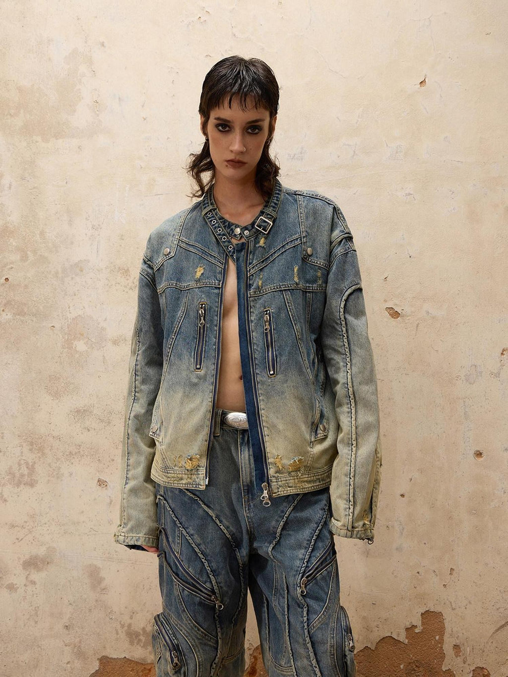 PERSONSOUL Alien Asymmetric Gradient Zipper Detail Women's Cotton Denim Jackets