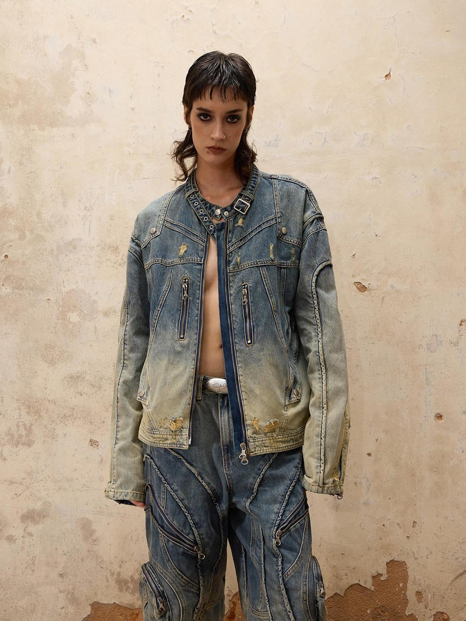 PERSONSOUL Alien Asymmetric Gradient Zipper Detail Women's Cotton Denim Jackets
