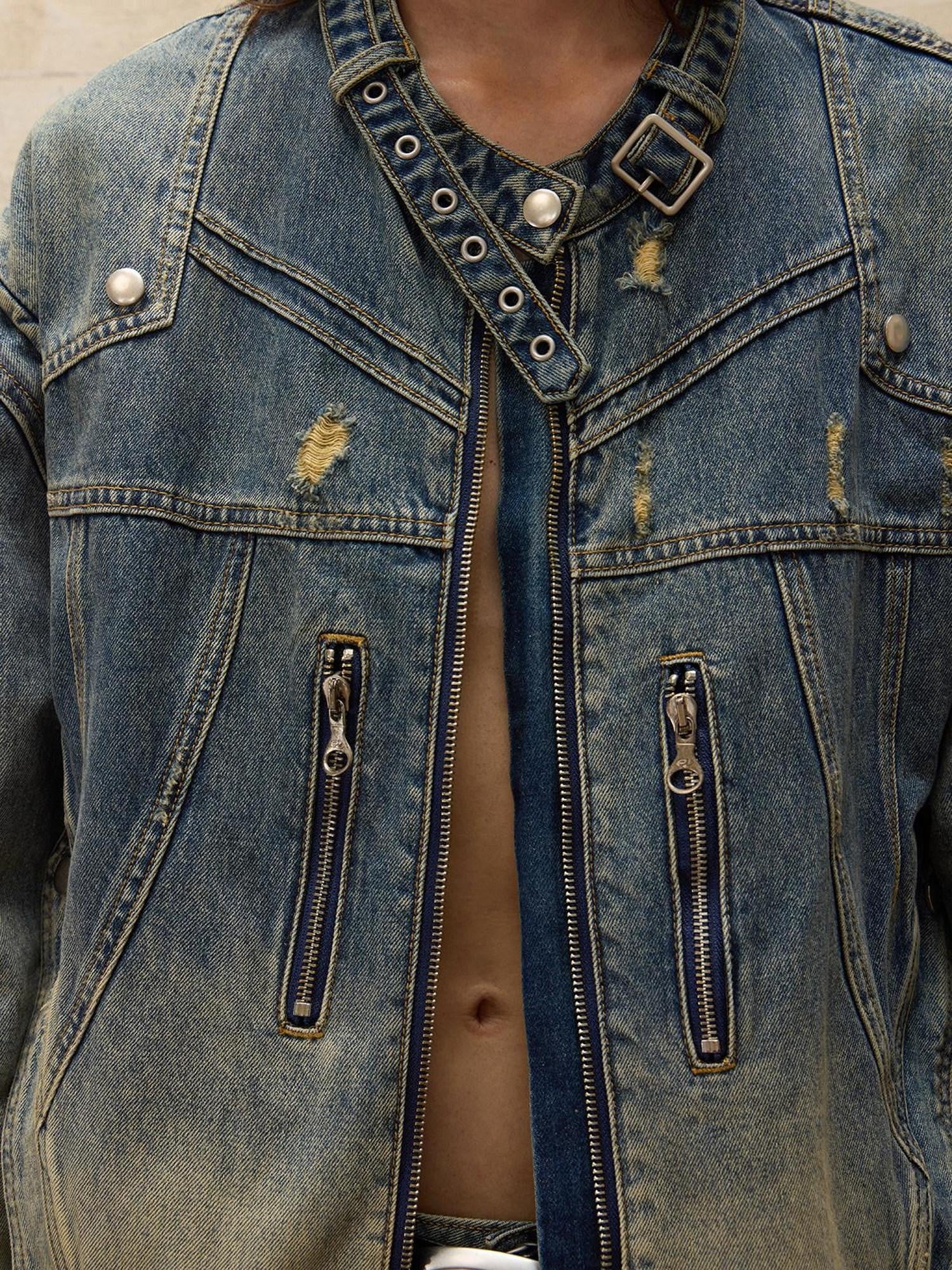PERSONSOUL Alien Asymmetric Gradient Zipper Detail Women's Cotton Denim Jackets