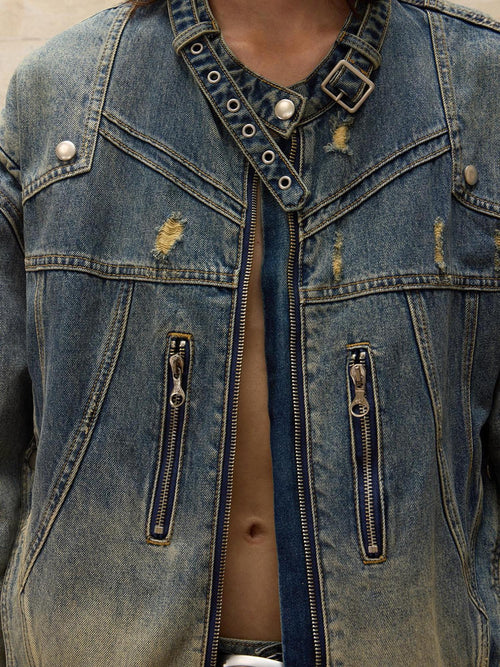 PERSONSOUL Alien Asymmetric Gradient Zipper Detail Women's Cotton Denim Jackets