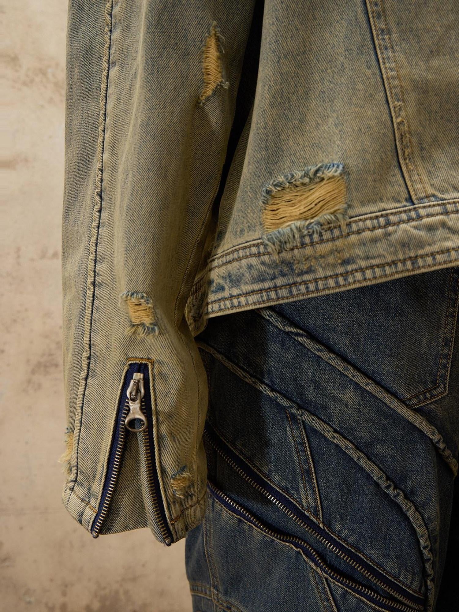PERSONSOUL Alien Asymmetric Gradient Zipper Detail Women's Cotton Denim Jackets