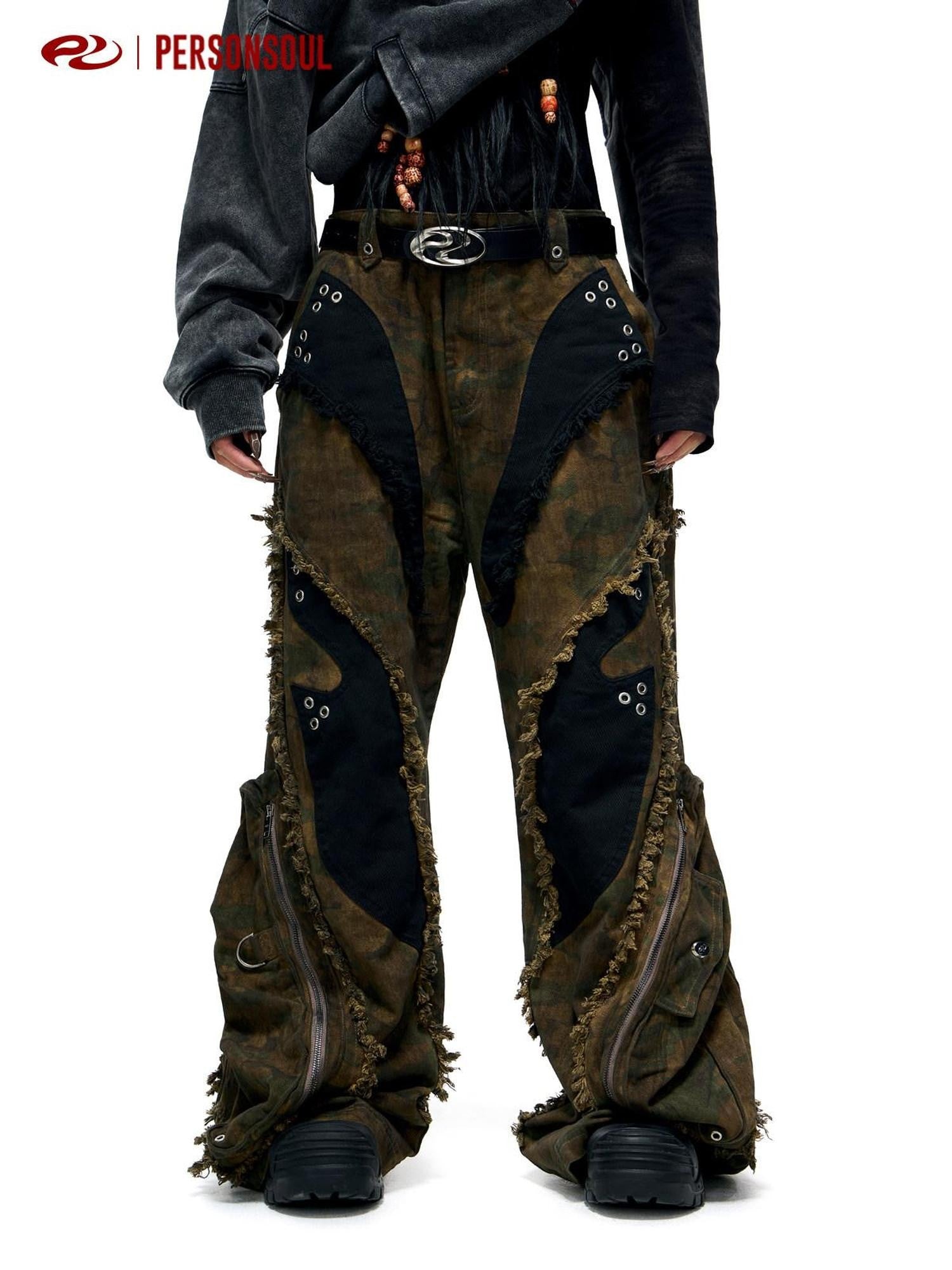PERSONSOUL Alien Camouflage Cargo Frayed Hem Women's Denim Wide-leg Jeans
