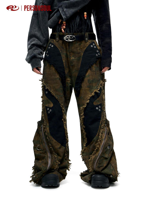 PERSONSOUL Alien Camouflage Cargo Frayed Hem Women's Denim Wide-leg Jeans