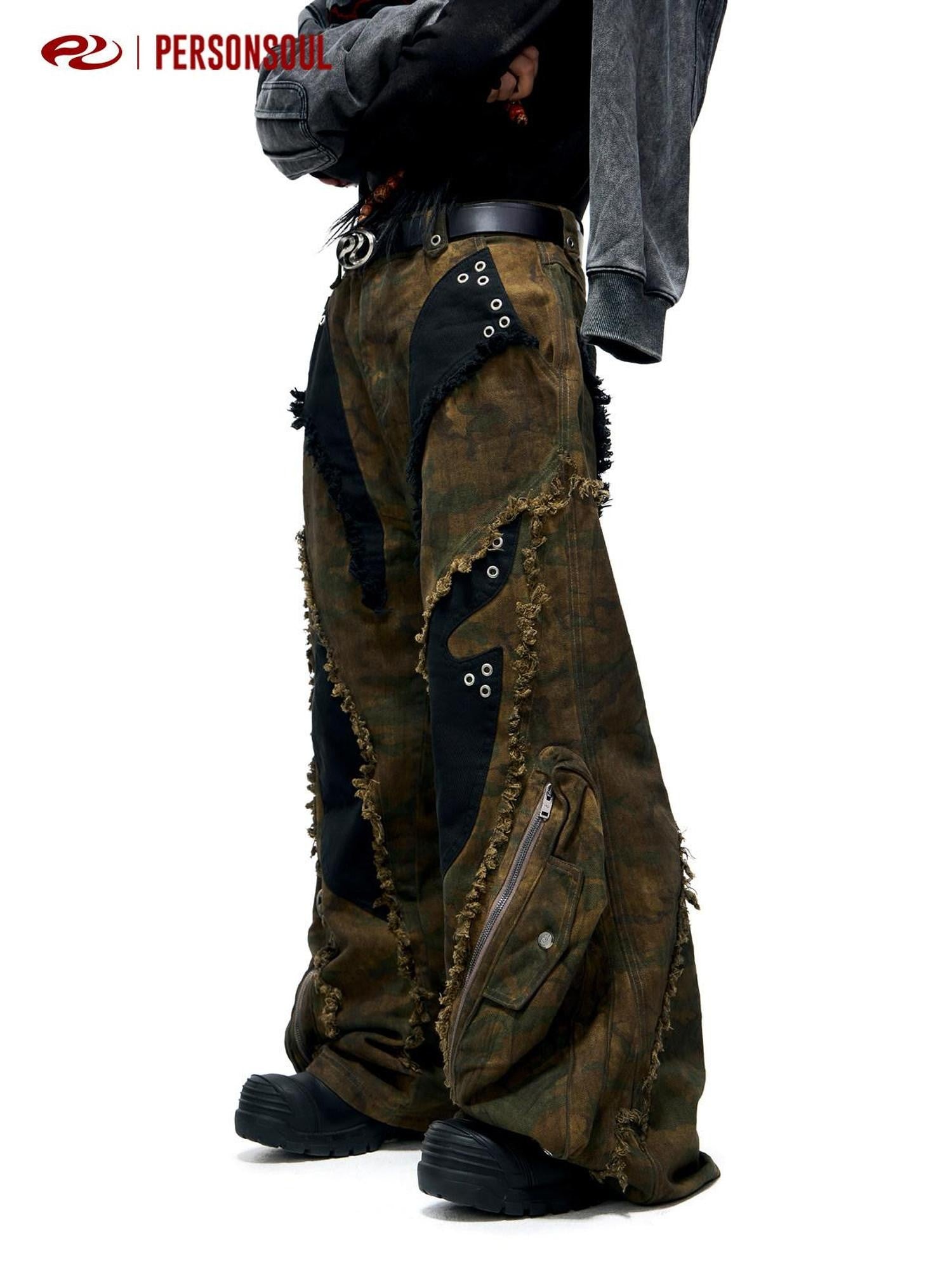 PERSONSOUL Alien Camouflage Cargo Frayed Hem Women's Denim Wide-leg Jeans