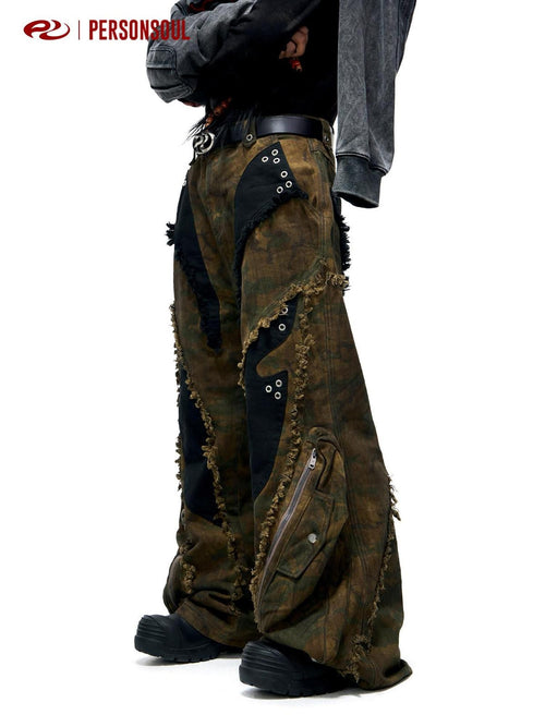 PERSONSOUL Alien Camouflage Cargo Frayed Hem Women's Denim Wide-leg Jeans