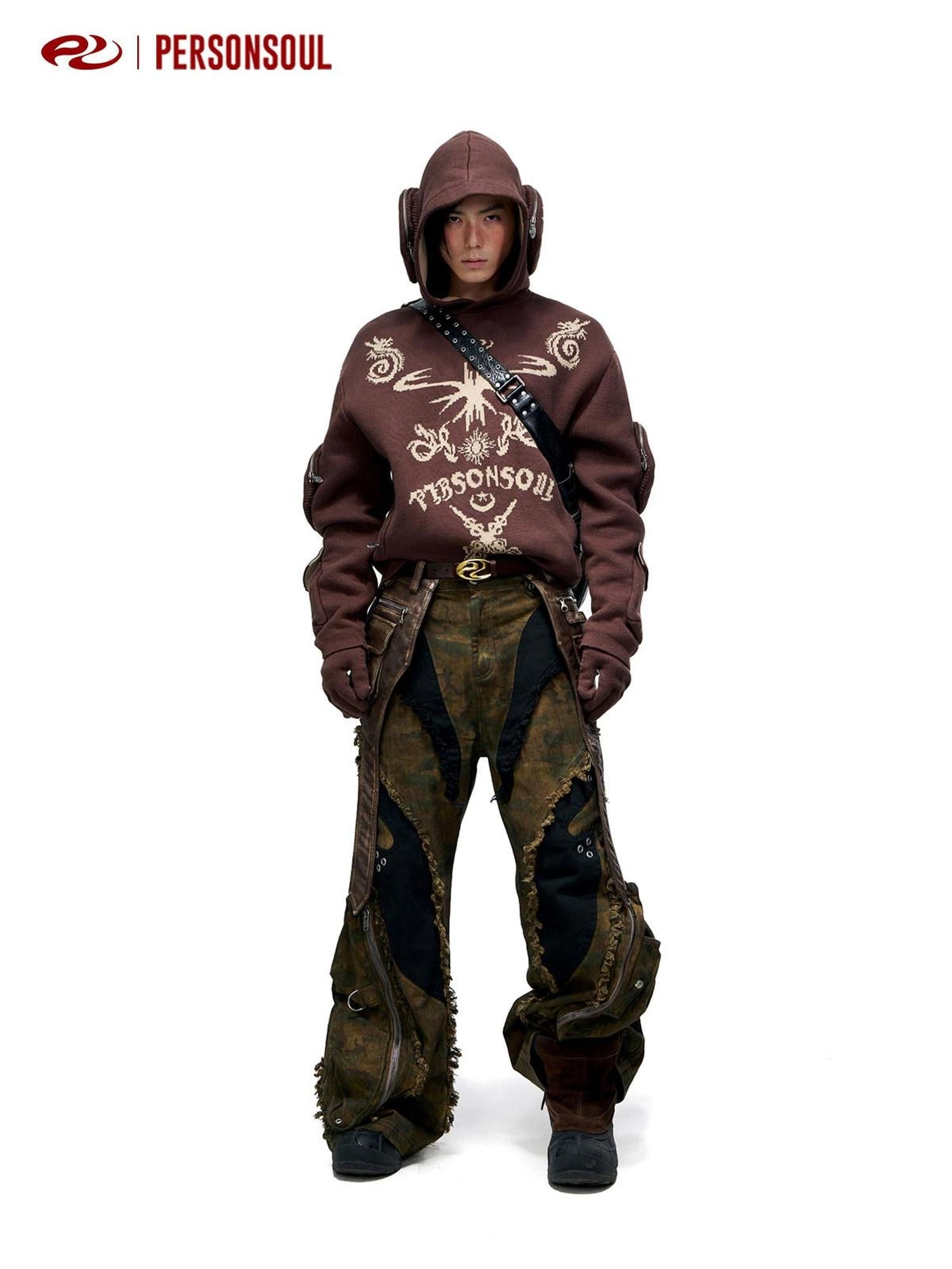 PERSONSOUL Alien Camouflage Cargo Frayed Hem Women's Denim Wide-leg Jeans