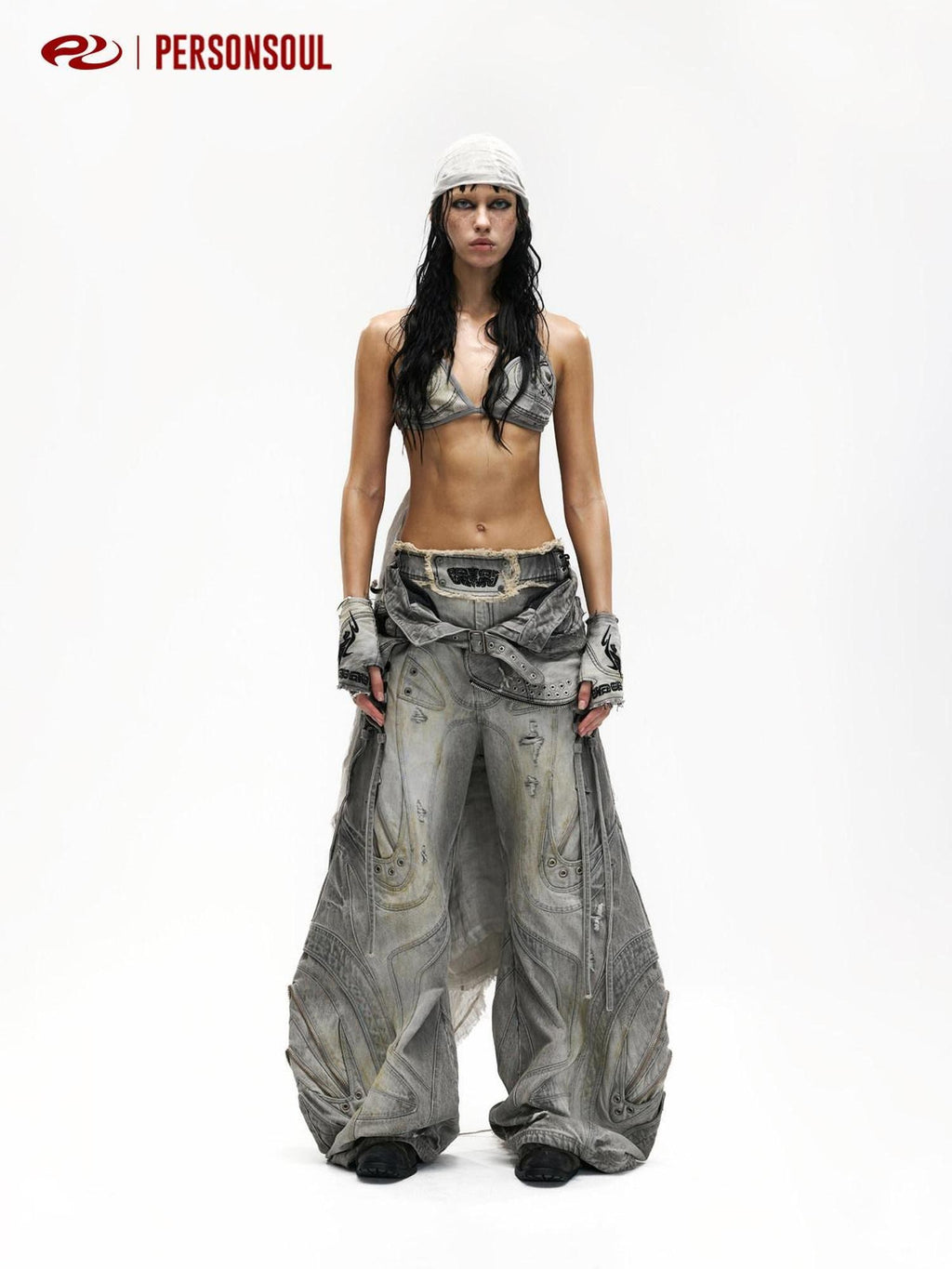 PERSONSOUL Alien Drawstring Panelled Women's Cotton Denim Wide-leg Jeans