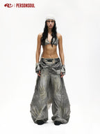 PERSONSOUL Alien Drawstring Panelled Women's Cotton Denim Wide-leg Jeans