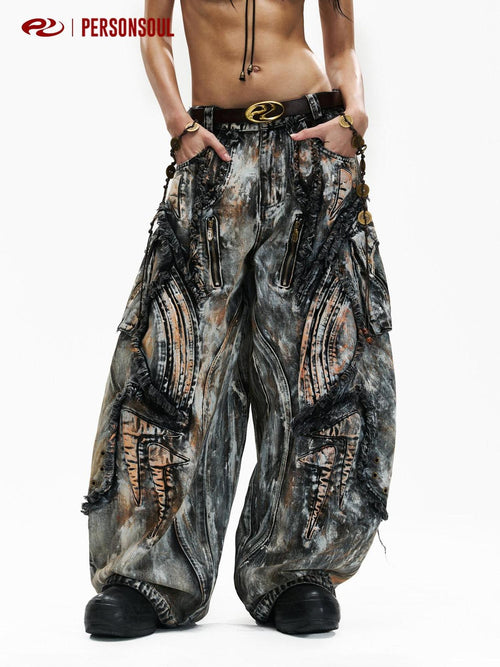 PERSONSOUL Alien Graffiti Oxidized Faded Sculptural Cargo Women's Denim Wide-leg Jeans