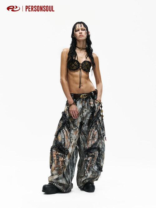 PERSONSOUL Alien Graffiti Oxidized Faded Sculptural Cargo Women's Denim Wide-leg Jeans