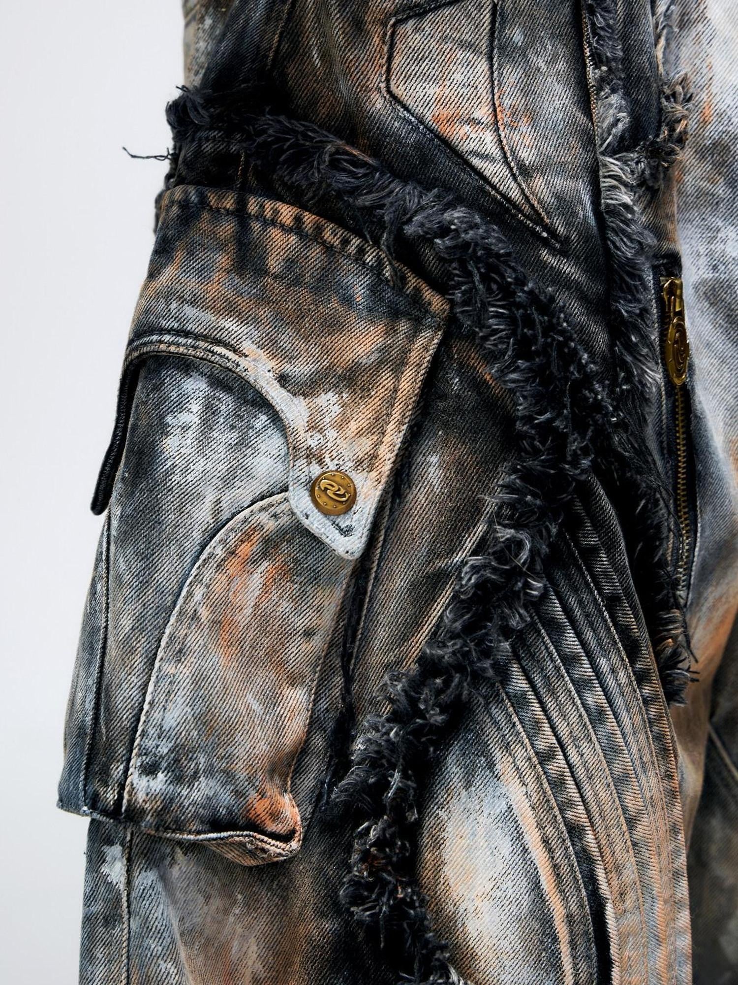 PERSONSOUL Alien Graffiti Oxidized Faded Sculptural Cargo Women's Denim Wide-leg Jeans