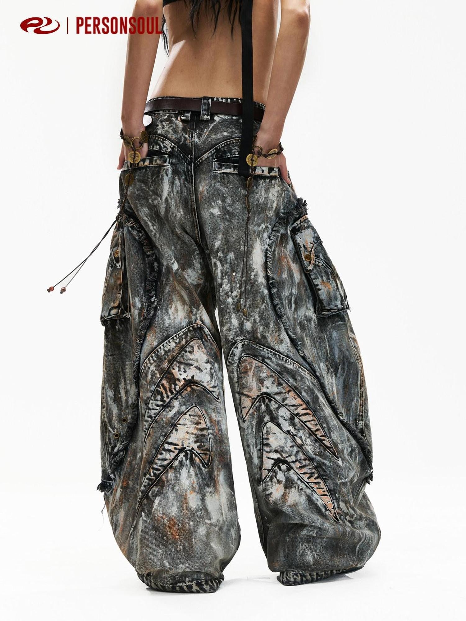 PERSONSOUL Alien Graffiti Oxidized Faded Sculptural Cargo Women's Denim Wide-leg Jeans