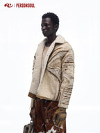 PERSONSOUL Apricot Hand Distressed Shearling Collar Women's Pu Leather Denim Jackets