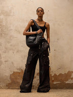 PERSONSOUL Armored Panel Hand Distressed Punk Pockets Wide Leg Women's Pu Leather Pants
