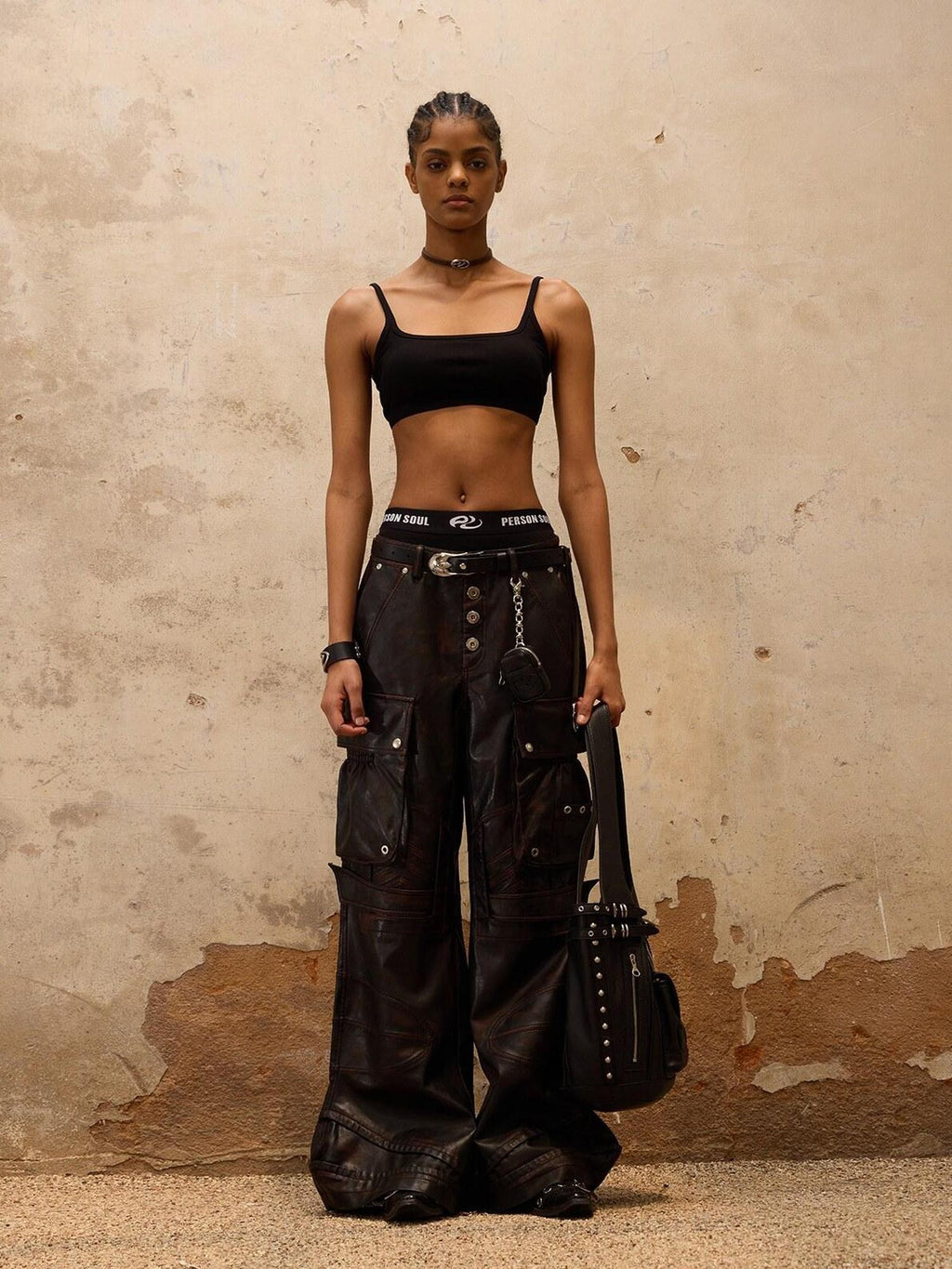 PERSONSOUL Armored Panel Hand Distressed Punk Pockets Wide Leg Women's Pu Leather Pants