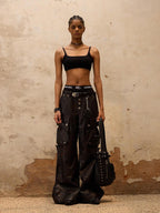 PERSONSOUL Armored Panel Hand Distressed Punk Pockets Wide Leg Women's Pu Leather Pants