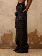 PERSONSOUL Armored Panel Hand Distressed Punk Pockets Wide Leg Women's Pu Leather Pants