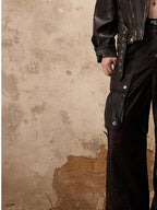 PERSONSOUL Armored Panel Hand Distressed Punk Pockets Wide Leg Women's Pu Leather Pants