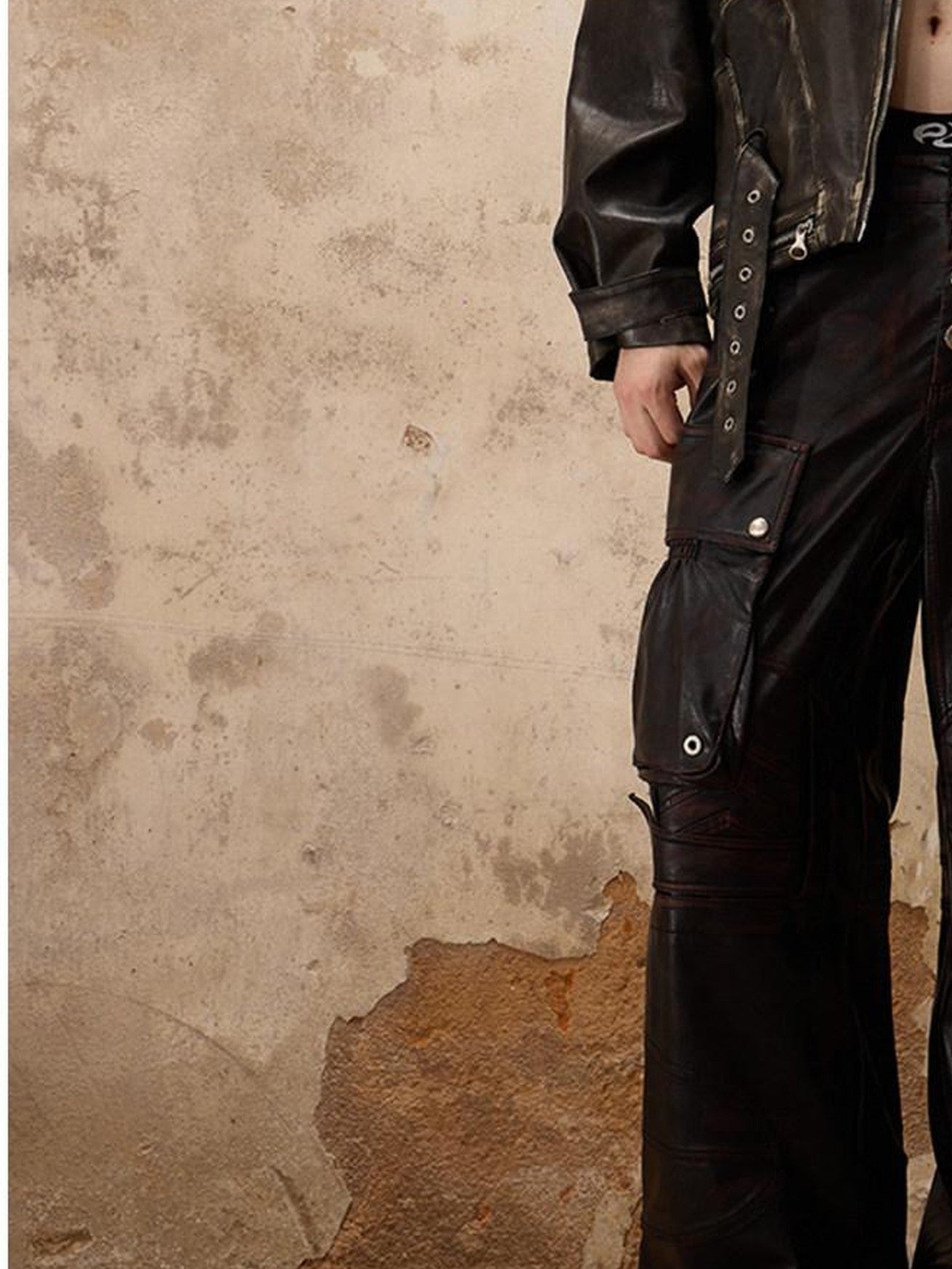 PERSONSOUL Armored Panel Hand Distressed Punk Pockets Wide Leg Women's Pu Leather Pants