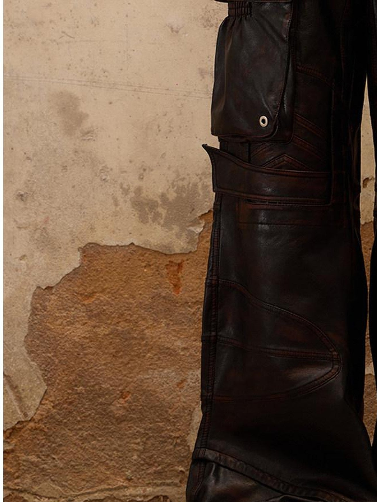 PERSONSOUL Armored Panel Hand Distressed Punk Pockets Wide Leg Women's Pu Leather Pants