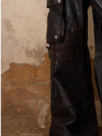 PERSONSOUL Armored Panel Hand Distressed Punk Pockets Wide Leg Women's Pu Leather Pants