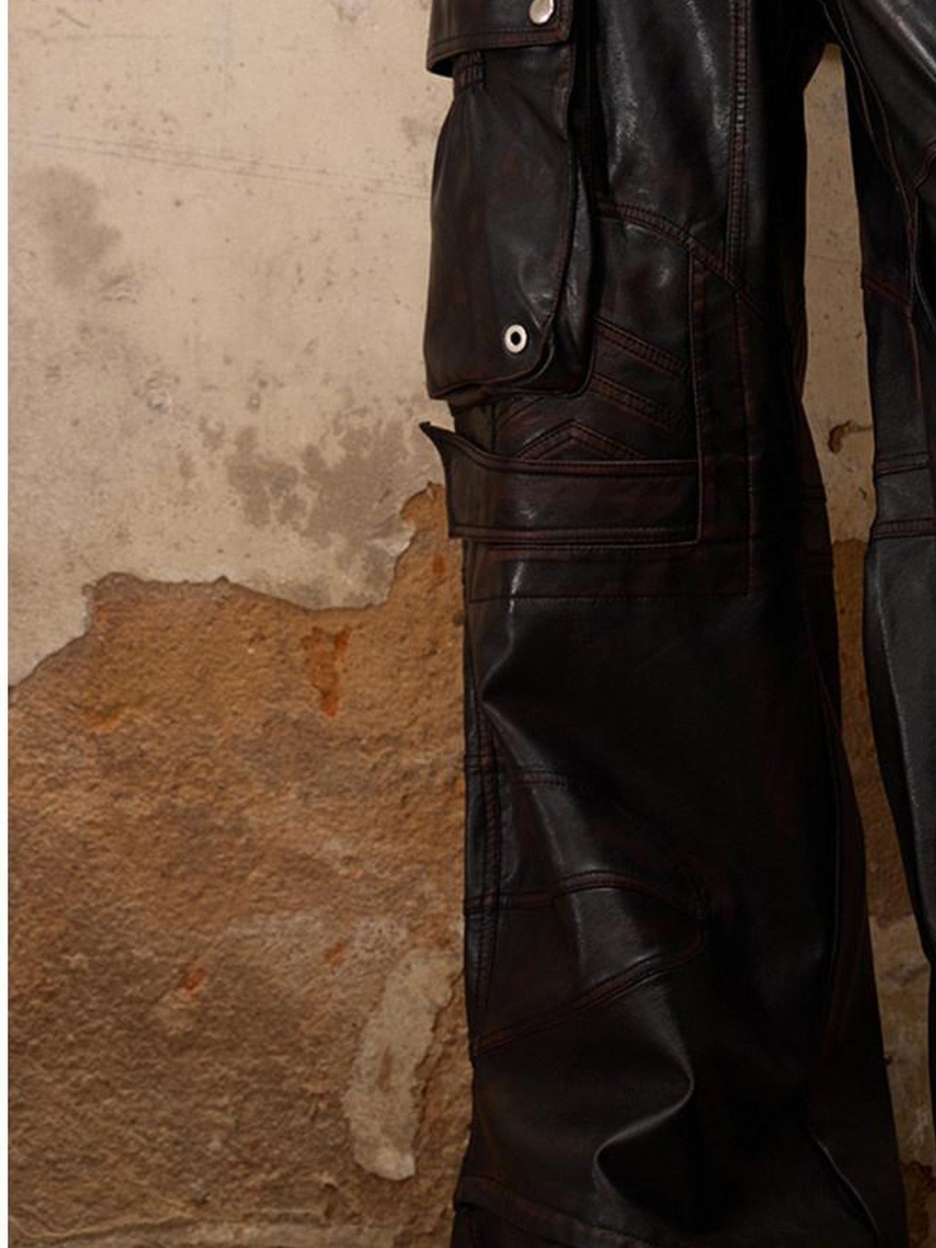 PERSONSOUL Armored Panel Hand Distressed Punk Pockets Wide Leg Women's Pu Leather Pants