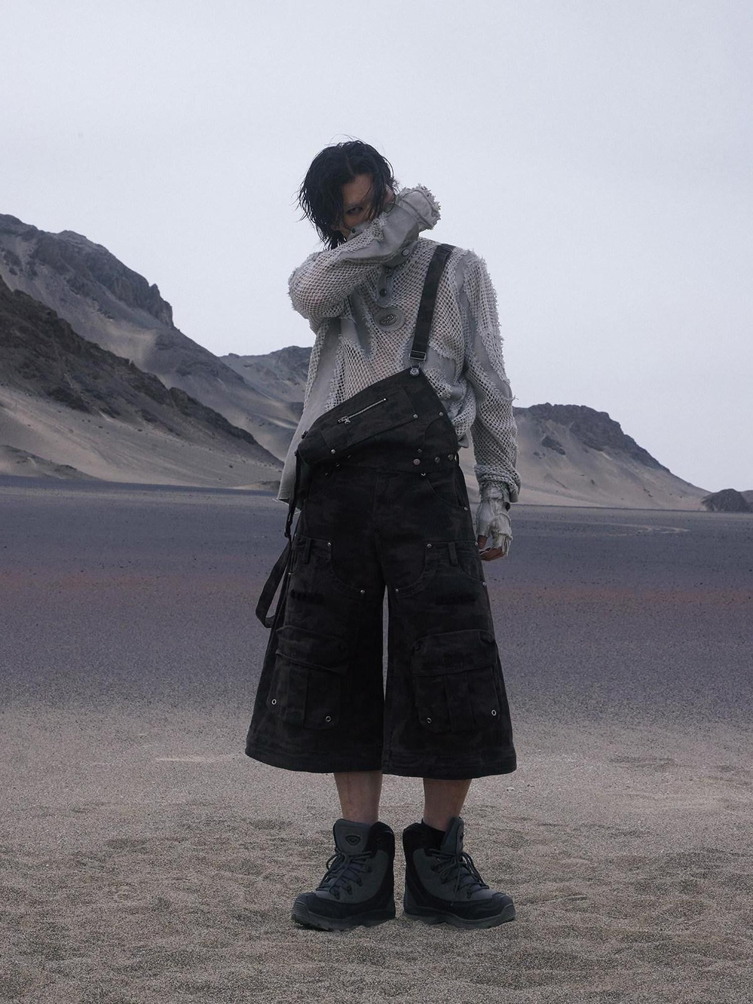 PERSONSOUL Black Camo Three In One Detachable Straps Cargo Women's Cotton Wide-leg Pants