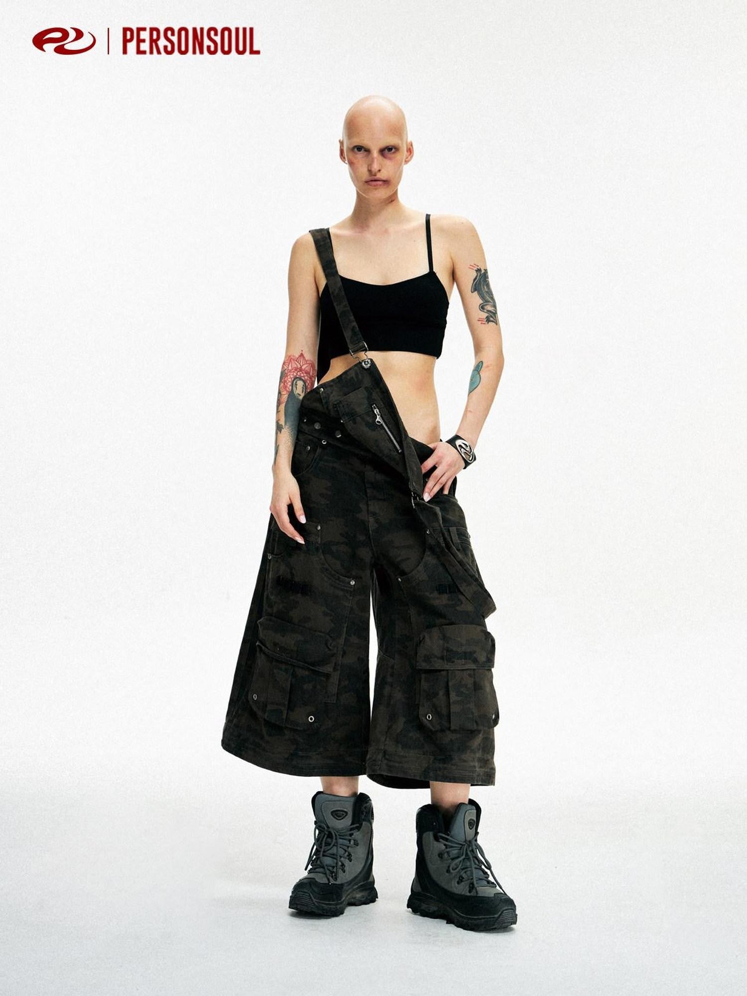 PERSONSOUL Black Camo Three In One Detachable Straps Cargo Women's Cotton Wide-leg Pants