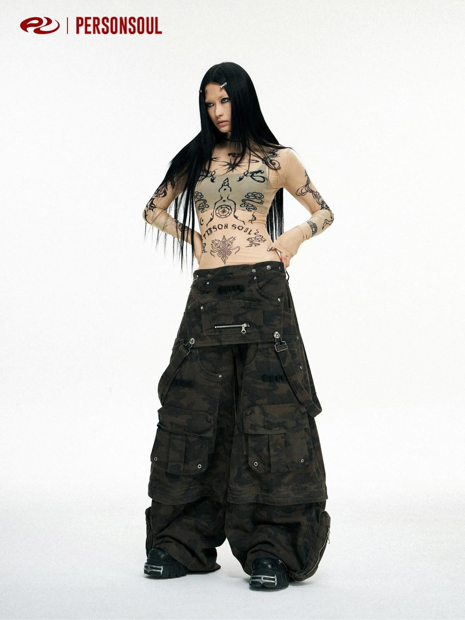 PERSONSOUL Black Camo Three In One Detachable Straps Cargo Women's Cotton Wide-leg Pants