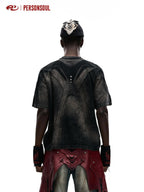 PERSONSOUL Black Deconstructed Beast Horn Distressed Women's Cotton Short Sleeve T-shirts