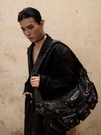 PERSONSOUL Black Punk Studded Slouchy Soft Handle Hobo Women's Sheepskin Handbags