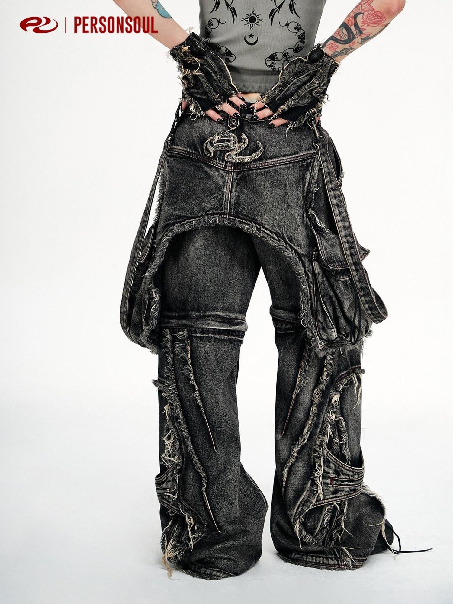 PERSONSOUL Black Reconstructed Detachable Strap Cargo Ripped Women's Denim Wide-leg Jeans